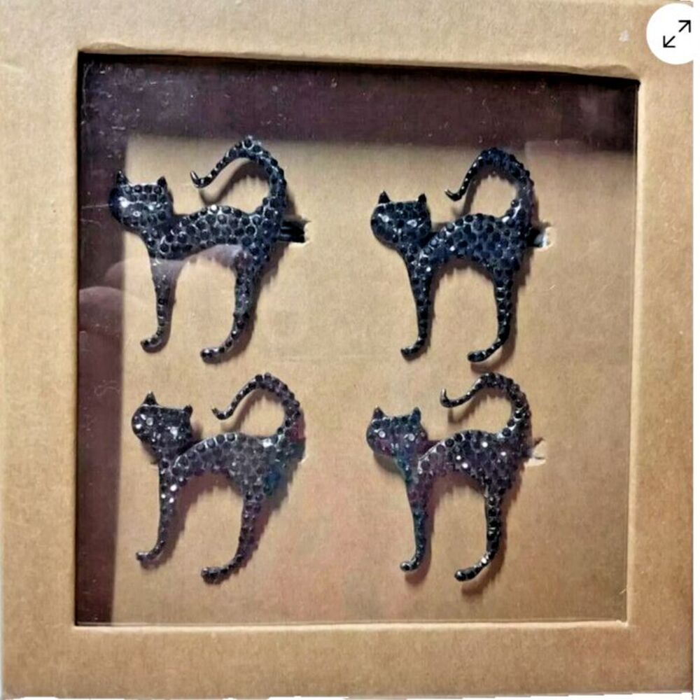 Tahari Halloween Black Cats Napkin Rings Rhinestones Spooky Decor New Set Of 4